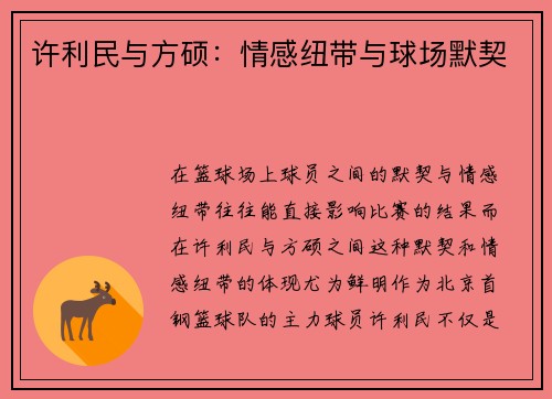 许利民与方硕:情感纽带与球场默契 许利民与方硕:情感纽带与球场默契